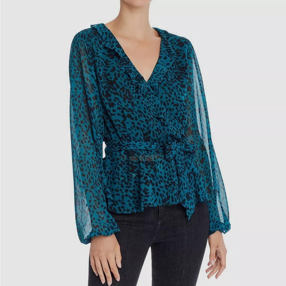 NWOT: Aqua Women's Teal & Black Animal Print Wrapped Ruffled Peplum Blouse - L
